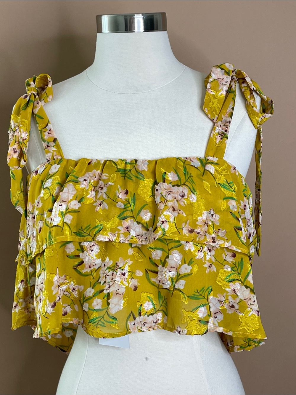Lush Yellow Floral Tie Strap Crop Top Ruffle Boho Tank S